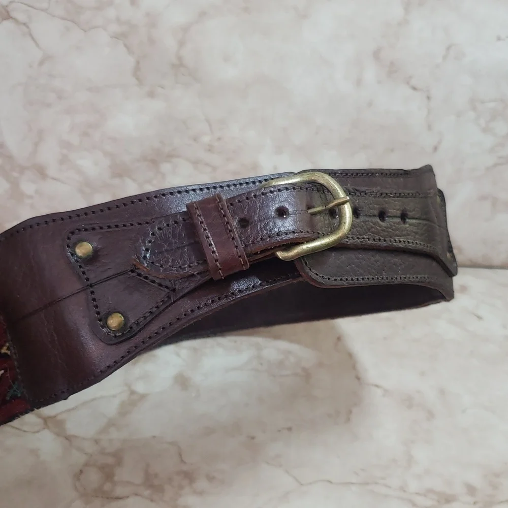 Motif 56 Brown Leather and Red Patterned Textile Women's Belt Size S